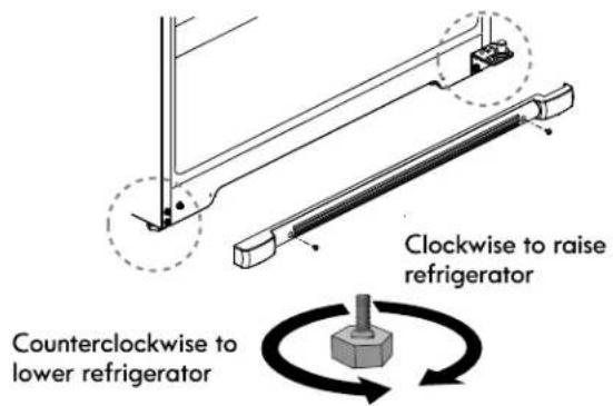 Clockwise to raise refrigerator Counterclockwise to lower refrigerator