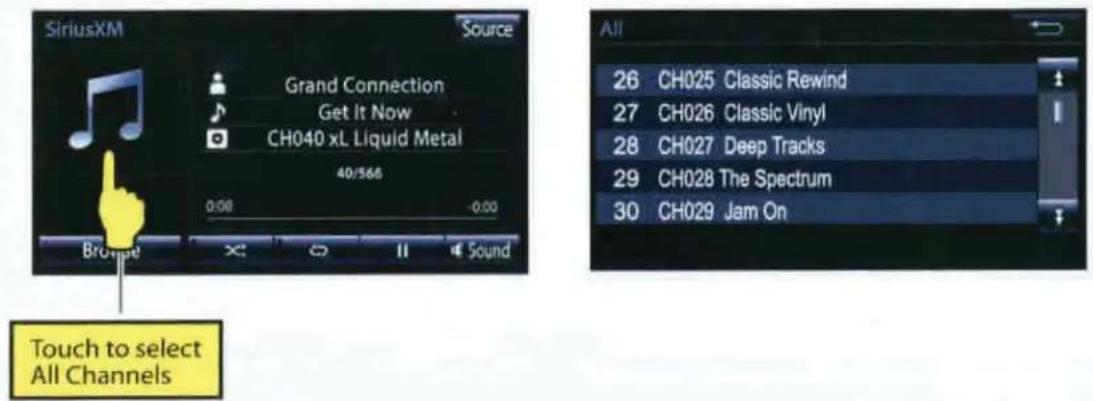 SiriusXM Source Grand Connection Get It Now CH040 xL Liquid Metal 40/568 0:00 0:00 Browse Sound All 26 CH025 Classic Rewind 27 CH026 Classic Vinyl 28 CH027 Deep Tracks 29 CH028 The Spectrum 30 CH029 Jam On Touch to select All Channels