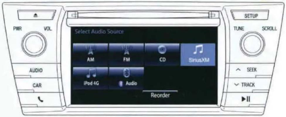 Select Audio Source AM FM CD SiriusXM iPod 4G Audio Reorder AUDIO CAR PWR VOL SETUP TUNE SCROLL SEEK TRACK II