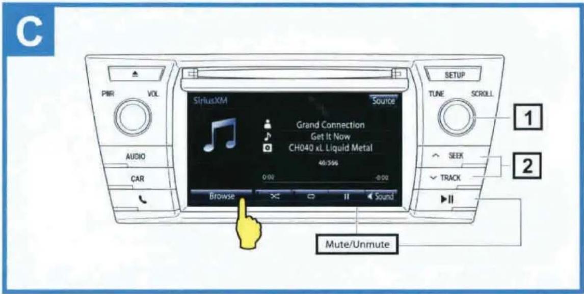 C PWR VOL AUDIO CAR SiriusXM Source Grand Connection Get It Now CH040 xL Liquid Metal 40/566 0:00 -0:00 Browse Sound Mute/Unmute 1 2 TUNE SCROLL SEEK TRACK