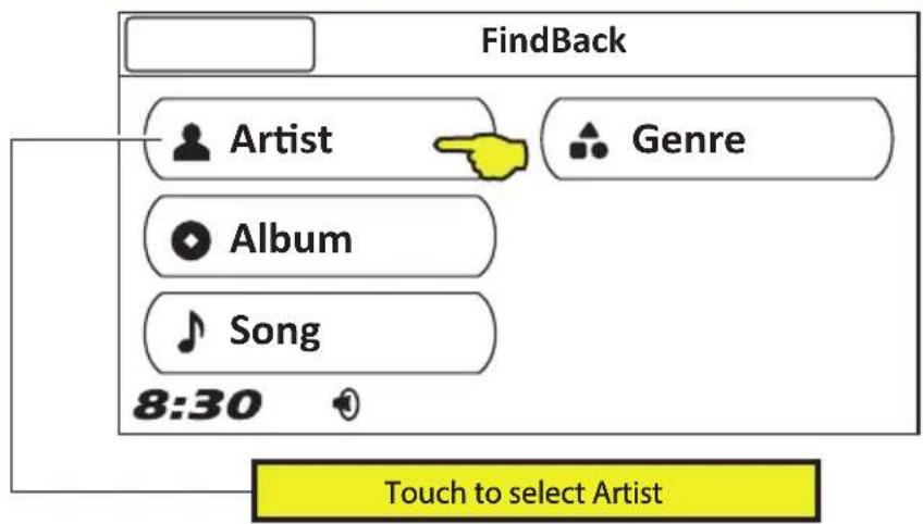 FindBack Artist Genre Album Song 8:30 Touch to select Artist