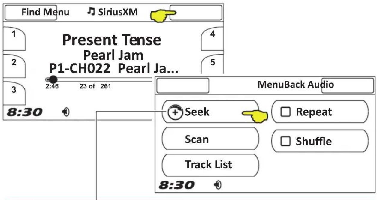 Find Menu SiriusXM Present Tense Pearl Jam P1-CH022 Pearl Ja... 2:46 23 of 261 8:30 MenuBack Audio + Seek Repeat Scan Shuffle Track List 8:30