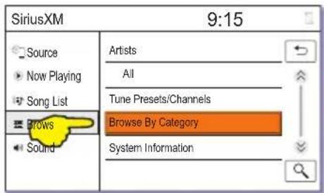 SiriusXM 9:15 Source Now Playing Song List Brows Sound Artists All Tune Presets/Channels Browse By Category System Information