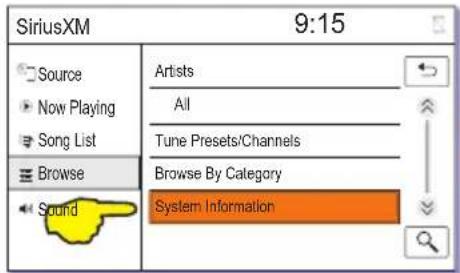 SiriusXM 9:15 Source Now Playing Song List Browse Sound Artists All Tune Presets/Channels Browse By Category System Information