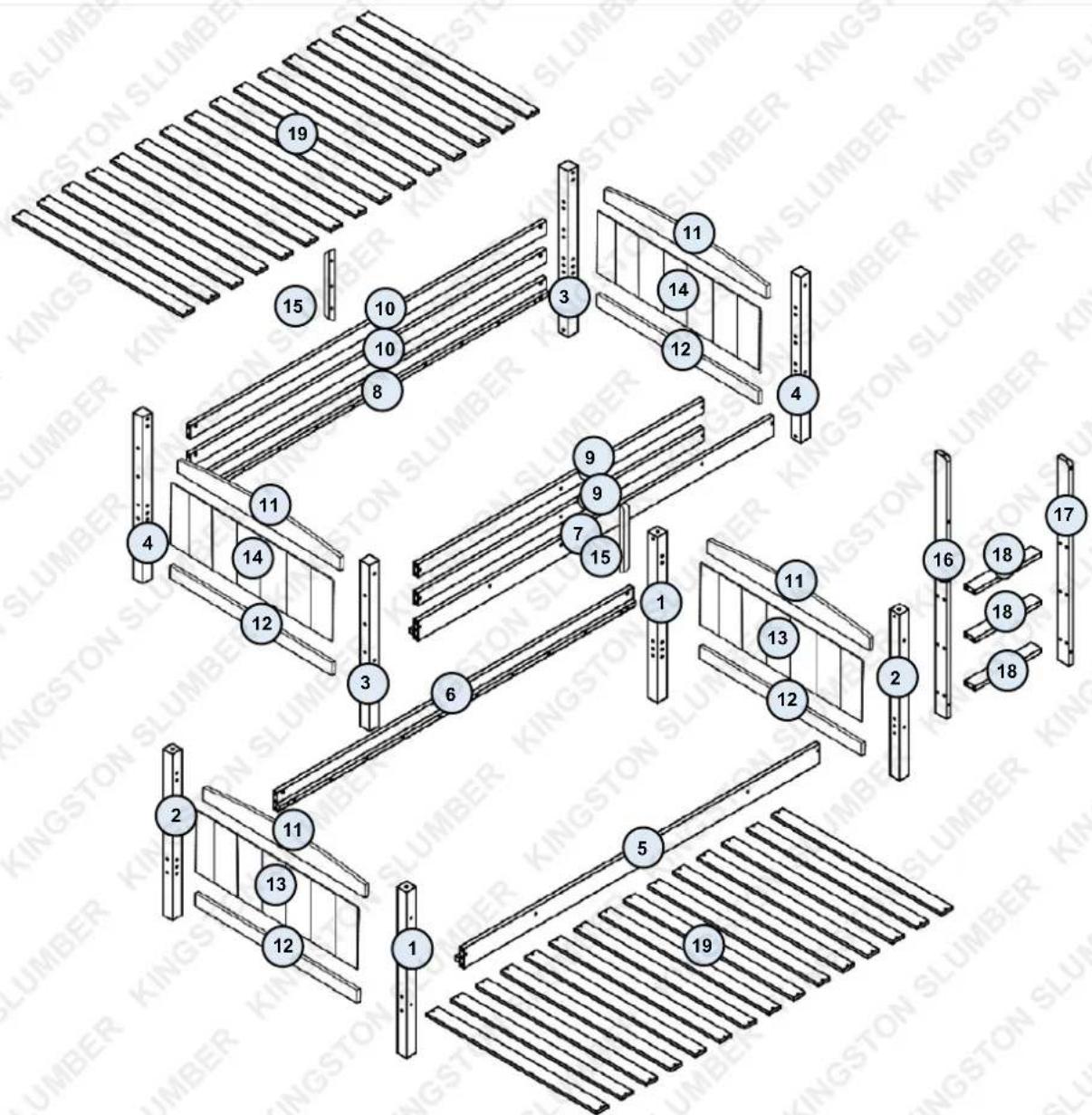 Technical diagram of a slumber structure with numbered components and labeled parts in English and Chinese.