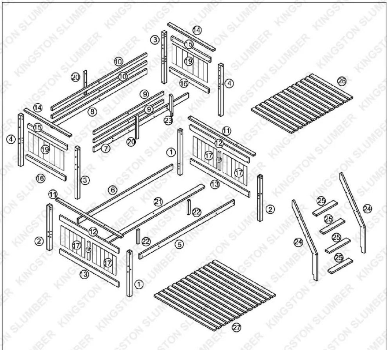 Exploded view diagram of a slumber structure with numbered components for identification