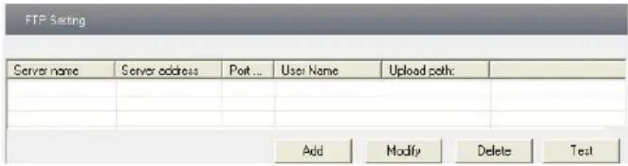 FTP Setting Server name Server address Port ... User Name Upload path: Add Modify Delete Test