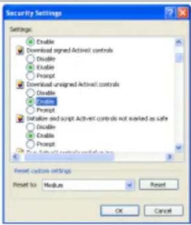 Security Settings Settings: Enable Download signed Activel controls Disable Enable Prompt Download unsigned Activel controls Disable Enable Prompt Initiate and script Activel controls do not want as safe Disable Enable Prompt Reset custom settings Reset to: Modus OK Cancel