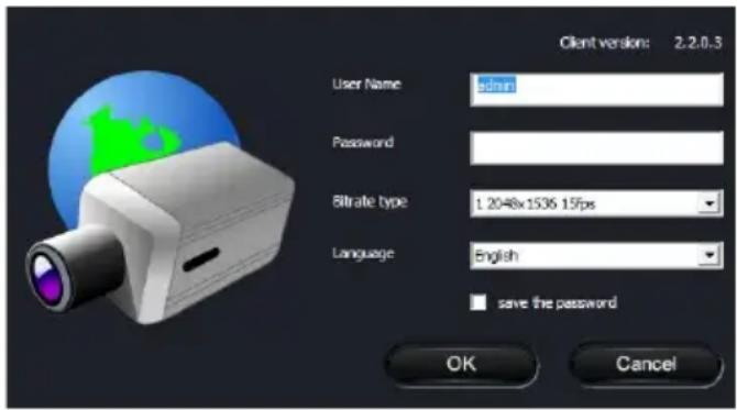 Client version: 2.2.0.3 User Name: admin Password: Bitrate type: t 2048x1536 15fps Language: English save the password OK Cancel