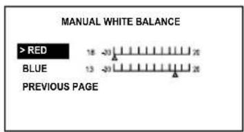 MANUAL WHITE BALANCE > RED 18 -20 26 BLUE 13 -20 26 PREVIOUS PAGE