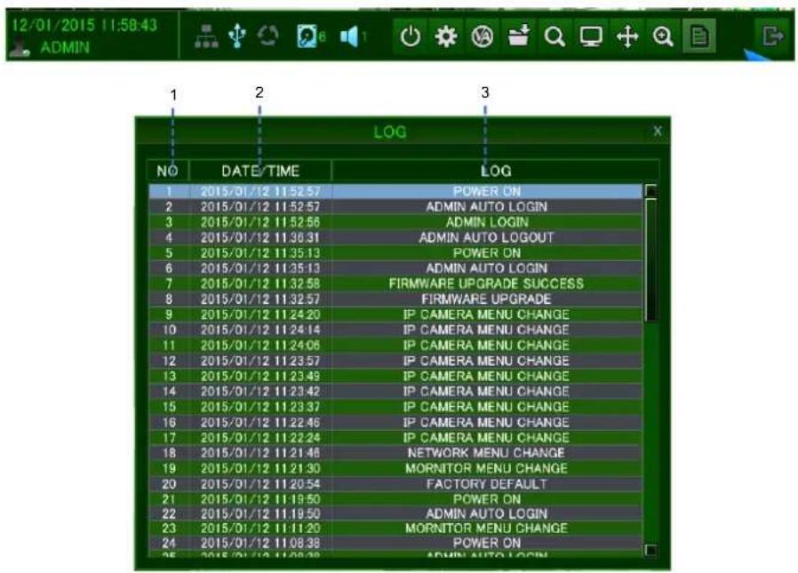 12/01/2015 11:58:43 ADMIN LOG NO DATE/TIME LOG 1 2015/01/12 11:52:57 POWER ON 2 2015/01/12 11:52:57 ADMIN AUTO LOGIN 3 2015/01/12 11:52:56 ADMIN LOGIN 4 2015/01/12 11:36:31 ADMIN AUTO LOGOUT 5 2015/01/12 11:35:13 POWER ON 6 2015/01/12 11:35:13 ADMIN AUTO LOGIN 7 2015/01/12 11:32:58 FIRMWARE UPGRADE SUCCESS 8 2015/01/12 11:32:57 FIRMWARE UPGRADE 9 2015/01/12 11:24:20 IP CAMERA MENU CHANGE 10 2015/01/12 11:24:14 IP CAMERA MENU CHANGE 11 2015/01/12 11:24:06 IP CAMERA MENU CHANGE 12 2015/01/12 11:23:57 IP CAMERA MENU CHANGE 13 2015/01/12 11:23:49 IP CAMERA MENU CHANGE 14 2015/01/12 11:23:42 IP CAMERA MENU CHANGE 15 2015/01/12 11:23:37 IP CAMERA MENU CHANGE 16 2015/01/12 11:22:46 IP CAMERA MENU CHANGE 17 2015/01/12 11:22:24 IP CAMERA MENU CHANGE 18 2015/01/12 11:21:46 NETWORK MENU CHANGE 19 2015/01/12 11:21:30 MORNITOR MENU CHANGE 20 2015/01/12 11:20:54 FACTORY DEFAULT 21 2015/01/12 11:19:50 POWER ON 22 2015/01/12 11:19:50 ADMIN AUTO LOGIN 23 2015/01/12 11:18:20 MORNITOR MENU CHANGE 24 2015/01/12 11:08:38 POWER ON 25 2015/01/12 11:08:38 ADMIN AUTO LOGIN