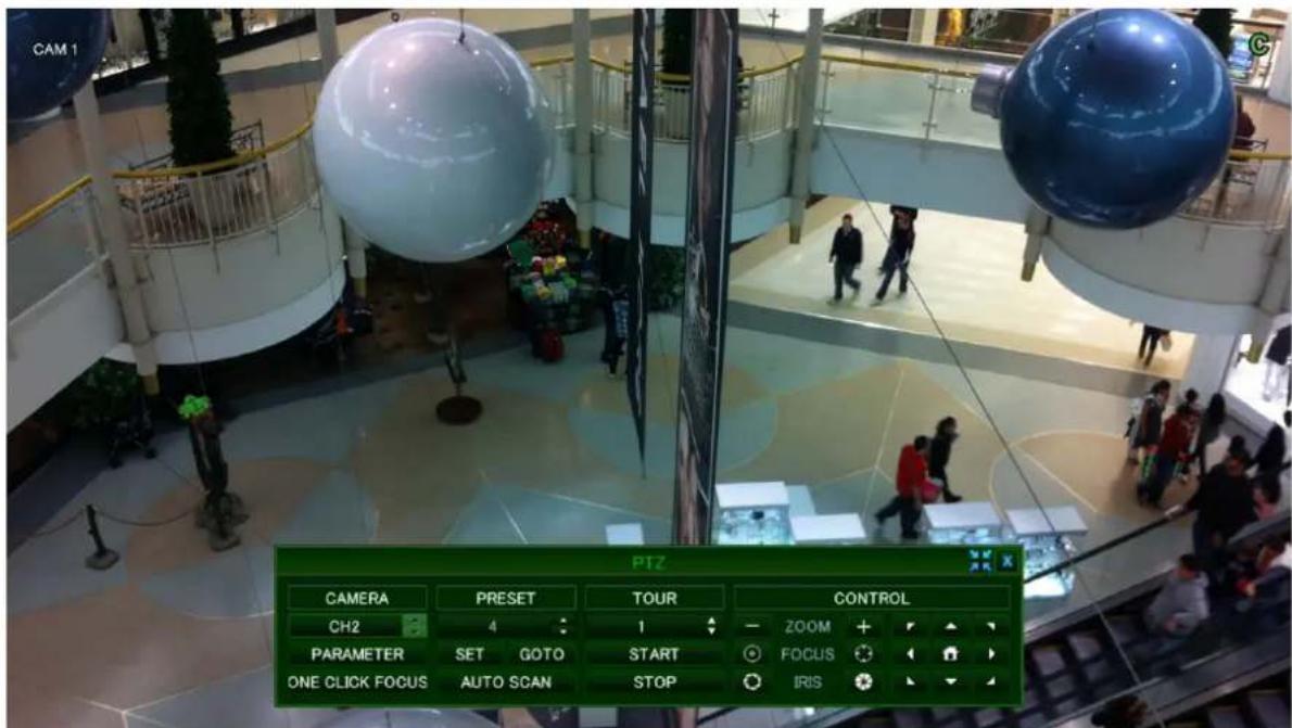 CAM 1 PTZ CAMERA PRESET TOUR CONTROL CH2 4 1 - ZOOM + PARAMETER SET GOTO START FOCUS ONE CLICK FOCUS AUTO SCAN STOP IRIS