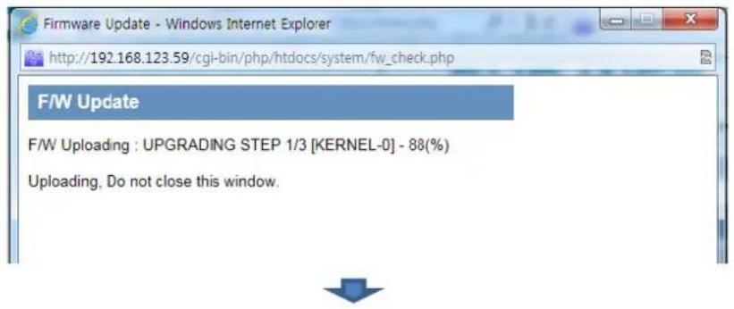 Firmware Update - Windows Internet Explorer http://192.168.123.59/cgi-bin/php/htdocs/system/fw_check.php F/W Update F/W Uploading : UPGRADING STEP 1/3 [KERNEL-0] - 88(%) Uploading, Do not close this window.