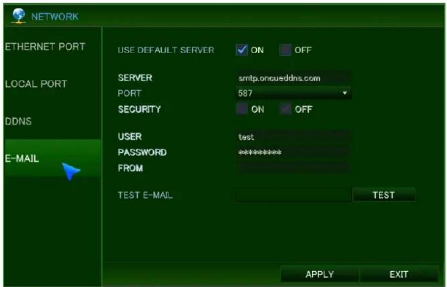 NETWORK ETHERNET PORT LOCAL PORT DDNS E-MAIL USE DEFAULT SERVER ON OFF SERVER smtp.oncueddns.com PORT 587 SECURITY ON OFF USER test PASSWORD ***** FROM TEST E-MAIL TEST APPLY EXIT