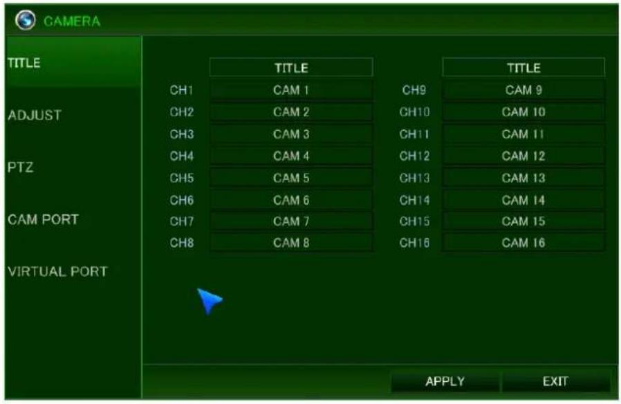 CAMERA TITLE ADJUST PTZ CAM PORT VIRTUAL PORT TITLE CH1 CAM 1 CH9 CAM 9 CH2 CAM 2 CH10 CAM 10 CH3 CAM 3 CH11 CAM 11 CH4 CAM 4 CH12 CAM 12 CH5 CAM 5 CH13 CAM 13 CH6 CAM 6 CH14 CAM 14 CH7 CAM 7 CH15 CAM 15 CH8 CAM 8 CH16 CAM 16 APPLY EXIT