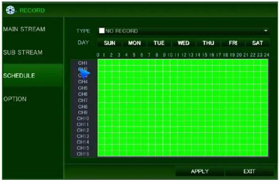 RECORD MAIN STREAM SUB STREAM SCHEDULE OPTION TYPE NO RECORD DAY SUN MON TUE WED THU FRI SAT 0 1 2 3 4 5 6 7 8 9 10 11 12 13 14 15 16 17 18 19 20 21 22 23 24 CH1 CH2 CH3 CH4 CH5 CH6 CH7 CH8 CH9 CH10 CH11 CH12 CH13 CH14 CH15 CH16 APPLY EXIT