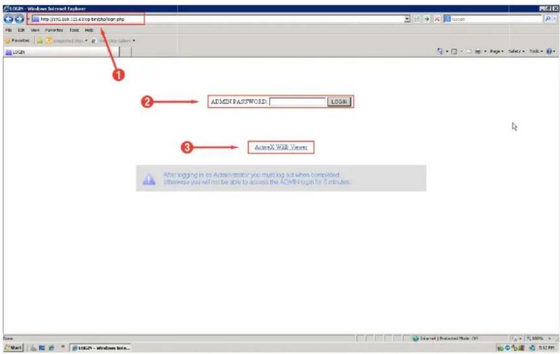LOGN - Windows Internet Explorer http://1970.168.123.63/zip.bin/loan.php File Edit View Favorites Tools Help Favorites Supported Info - Download Servers - LOGN 1 2 ADMIN PASSWORD: LOGIN 3 ActionsX WEB Viewer After logging in as Administrator you must log out when completed: otherwise you will not be able to access the ADMIN login for 5 minutes.