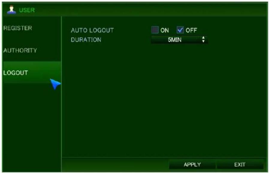 USER REGISTER AUTHORITY LOGOUT AUTO LOGOUT DURATION ON OFF 5MIN APPLY EXIT