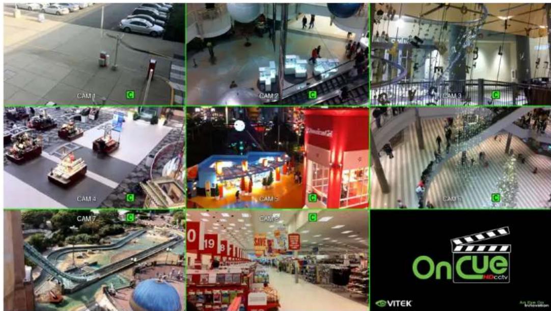 Collage of surveillance cameras (CAMs 1–7) and a video camera (OnCue) with visible branding and UI elements.