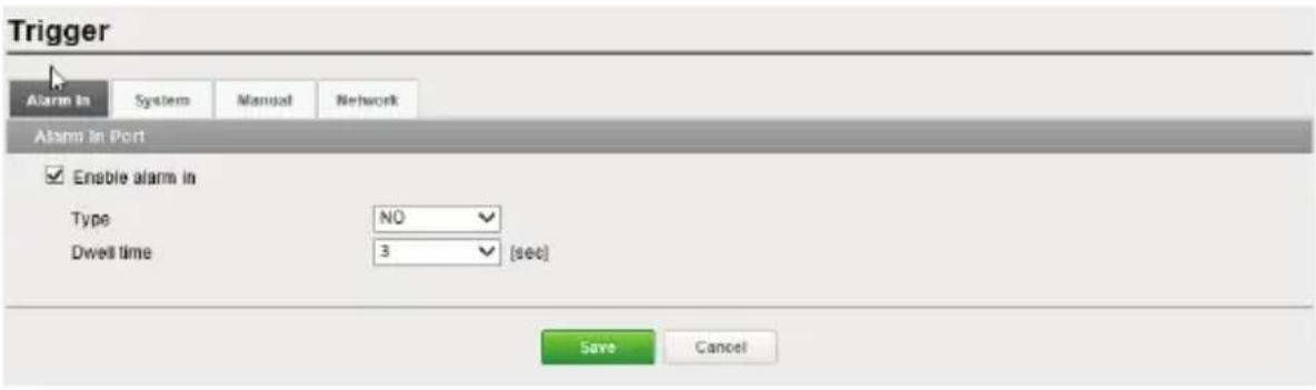 Trigger Alarm In System Manual Network Alarm In Port Enable alarm in Type NO Dwell time 3 [sec] Save Cancel