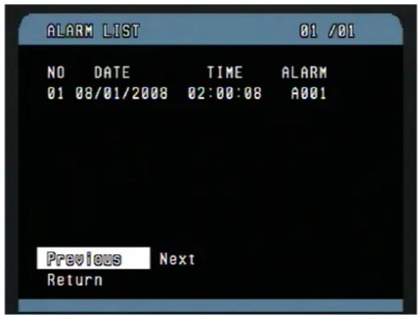 Vitek VT-PTZ18W - ALARM LIST (MENU => Actions Setup => Alarm List) - 1