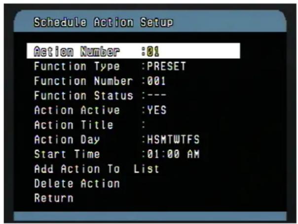 Vitek VT-PTZ18W - SCHEDULE ACTION SETUP (MENU => Actions Setup => Schedule Action Setup) - 1