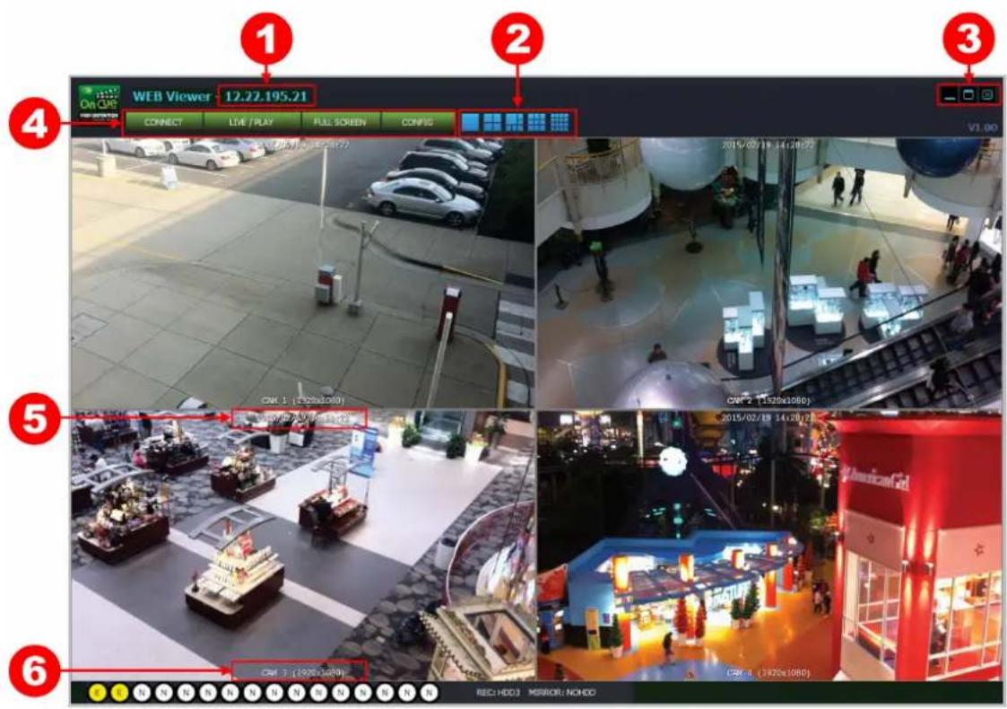 WEB Viewer 12.22.195.21 CONNECT LIVE/PLAY FULL SCREEN CONFIG V3.00 CAM 1 (1920x1080) CAM 2 (1520x1080) CAM 3 (1920x1080) CAM 4 (7920x1080) CAM 5 (1920x1080) CAM 6 (7920x1080) REC HDD3 MIRROR: NONDO