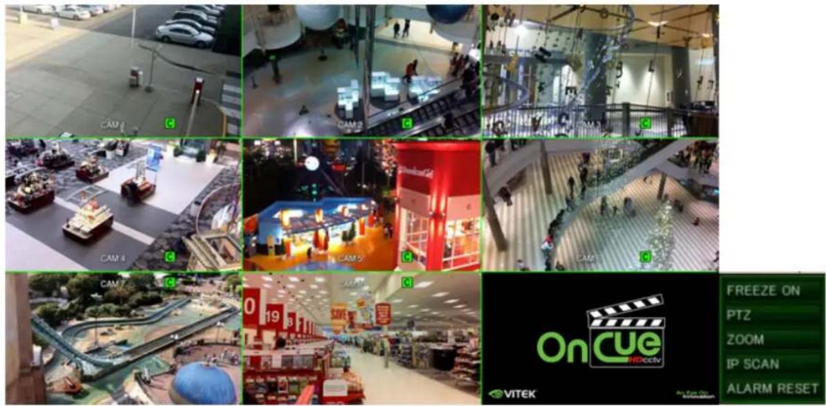 Collage of surveillance cameras and display screens showing various locations including car, bridge, and store with camera icons and a 'OnCue HDCCV' logo.