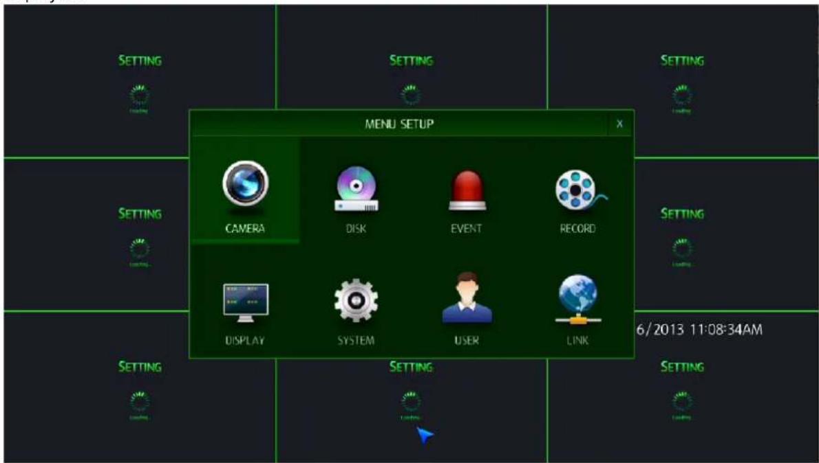 MENU SETUP CAMERA DISK EVENT RECORD DISPLAY SYSTEM USER LINK 6/2013 11:08:34AM SETTING SETTING SETTING SETTING SETTING SETTING SETTING