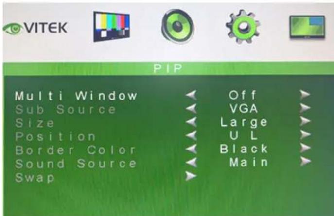 VITEK PIP Multi Window Sub Source Size Position Border Color Sound Source Swap Off VGA Large U L Black Main