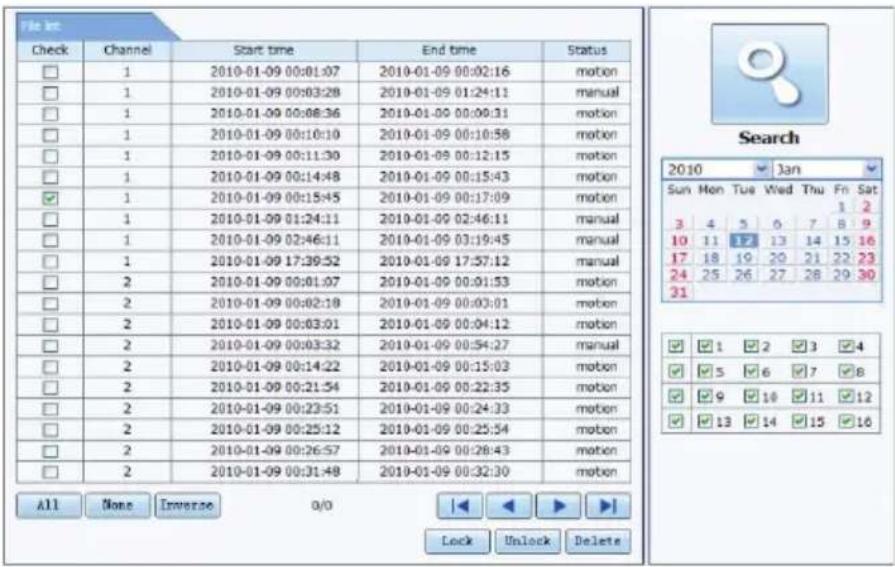 File list Check Channel Start time End time Status 1 2010-01-09 00:01:07 2010-01-09 00:02:16 motion 1 2010-01-09 00:03:28 2010-01-09 01:24:11 manual 1 2010-01-09 00:08:36 2010-01-09 00:09:31 motion 1 2010-01-09 00:10:10 2010-01-09 00:10:58 motion 1 2010-01-09 00:11:30 2010-01-09 00:12:15 motion 1 2010-01-09 00:14:48 2010-01-09 00:15:43 motion ✓ 1 2010-01-09 00:15:45 2010-01-09 00:17:09 motion 1 2010-01-09 01:24:11 2010-01-09 02:46:11 manual 1 2010-01-09 02:46:11 2010-01-09 03:19:45 manual 1 2010-01-09 17:39:52 2010-01-09 17:57:12 manual 2 2010-01-09 00:01:07 2010-01-09 00:01:53 motion 2 2 2010-01-09 00:02:18 2010-01-09 00:03:01 motion 2 2 2010-01-09 00:03:32 2010-01-09 00:54:27 manual 2 2 2010-01-09 00:54:22 2010-01-09 00:54:33 motion 2 2 2010-01-09 00:54:35 2010-01-09 00:54:33 motion 2 2 2010-01-09 00:54:33 2018.18.2.2.3.4.5.6.7.8.9.1.1.2.3.4.5.6.7.8.9.1.1.2.3.3.4.5.6.7.8.9.1.2.3.3.4.5.6.7.8.9.3.4.5.6.7.8.9.3.4.5.6.7.8.9.3.4.5.6.7.8.9.3.4.5.6.7.8.9.3.4.5.6.7.8.9.3.4.5.6.7.8.9.3.4.5.6.7.8.9.4. All None Inverse Q/O Lock Unlock Delete Search Sun Mon Tue Wed Thu Fri Sat 3 4 5 6 7 8 9 18 17 16 24 25 26 27 28 29 3