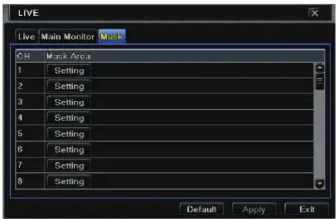 LIVE Live Main Monitor Mask CH Mask Area 1 Setting 2 Setting 3 Setting 4 Setting 5 Setting 6 Setting 7 Setting 8 Setting Default Apply Exit