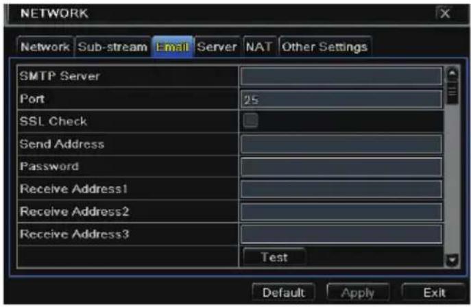 NETWORK Network Sub-stream Email Server NAT Other Settings SMTP Server Port 25 SSL Check Send Address Password Receive Address1 Receive Address2 Receive Address3 Test Default Apply Exit