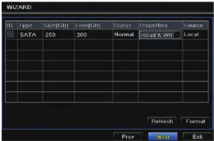 WIZARD ID Type Size[GB] Free[GB] Status Properties Source SATA 250 200 Normal Read & Wri Local Refresh Format Prev Next Exit
