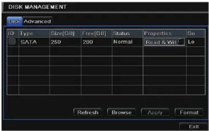 DISK MANAGEMENT Disk Advanced ID Type Size[GB] Free[GB] Status Properties So SATA 250 200 Normal Read & Wri Lo Refresh Browse Apply Format Exit