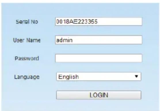 Serial No 0018AE223355 User Name admin Password Language English LOGIN