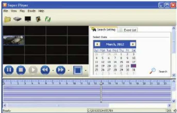 Super Player File View Play Divide Help Search Setting Event List Select Date March 2012 Sun Mon Tue Wed Thu Fri Sat 16 27 28 29 3 2 3 4 5 6 7 8 9 10 11 12 13 14 15 16 17 10 19 20 21 22 23 25 26 27 28 29 30 31 1 2 3 4 5 6 7 Search Ready C:\2012024155704 201