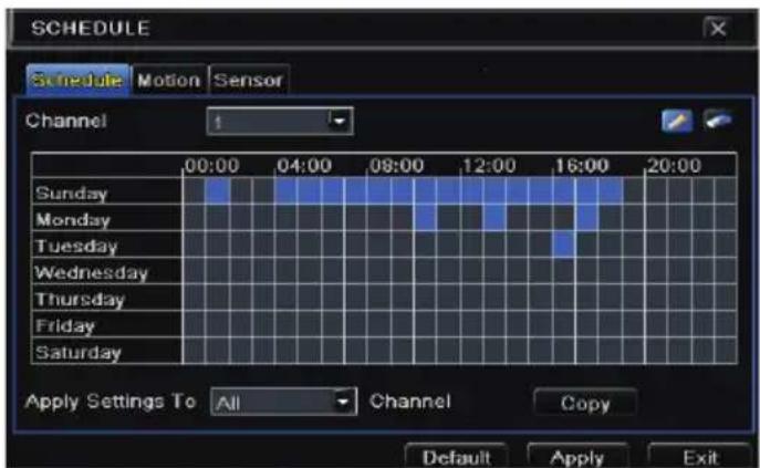 SCHEDULE Schedule Motion Sensor Channel 1 00:00 04:00 08:00 12:00 16:00 20:00 Sunday Monday Tuesday Wednesday Thursday Friday Saturday Apply Settings To All Channel Copy Default Apply Exit