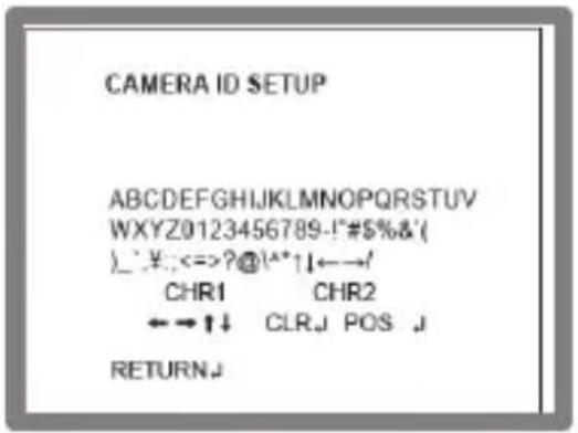 CAMERA ID SETUP ABCDEFGHIJKLMNOPQRSTUVWXYZ0123456789-!#$%&' )_¥;<==>?@|^*↑↓←→/ CHR1 CHR2 ←→↑↓ CLRJ POS J RETURN.J