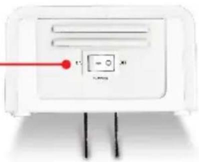 Diagram of a white electronic device with labeled buttons and indicator lights, showing a red pointer at the left.