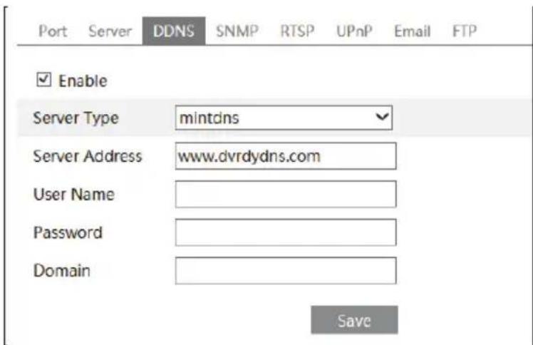 Port Server DDNS SNMP RTSP UPnP Email FTP Enable Server Type mintdns Server Address www.dvrdydns.com User Name Password Domain Save