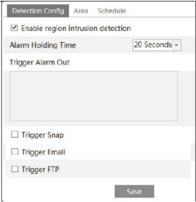 Detection Config Area Schedule Enable region intrusion detection Alarm Holding Time 20 Seconds Trigger Alarm Out Trigger Snap Trigger Email Trigger FTP Save