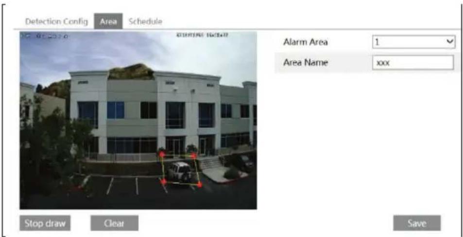 Detection Config Area Schedule Stop draw Clear Save Alarm Area 1 Area Name xxx