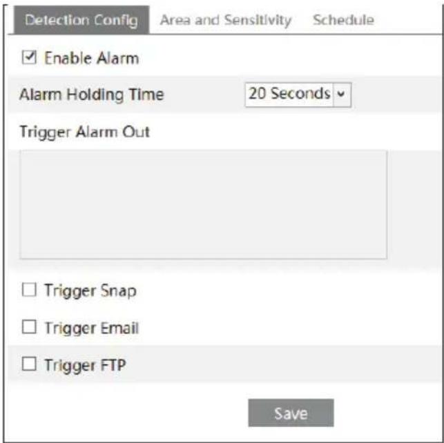 Detection Config Area and Sensitivity Schedule Enable Alarm Alarm Holding Time 20 Seconds Trigger Alarm Out Trigger Snap Trigger Email Trigger FTP Save