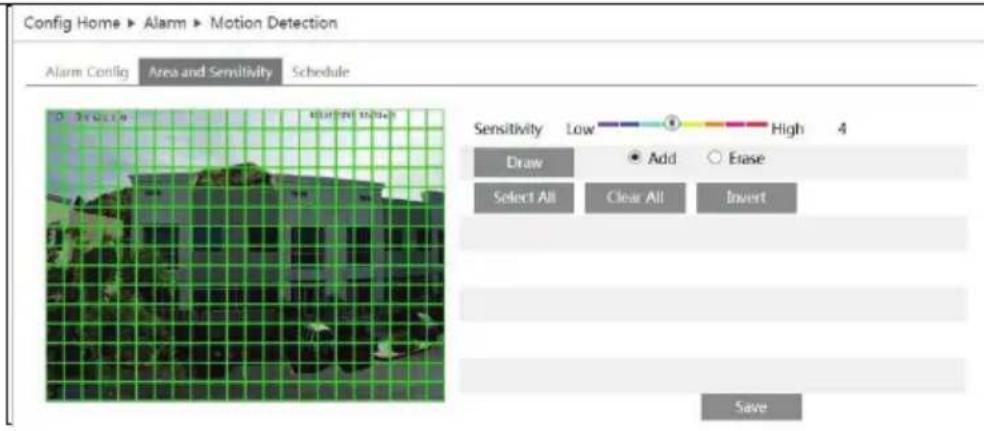Config Home ▶ Alarm ▶ Motion Detection Alarm Config Area and Sensitivity Schedule Sensitivity Low High 4 Draw Add Erase Select All Clear All Invert Save