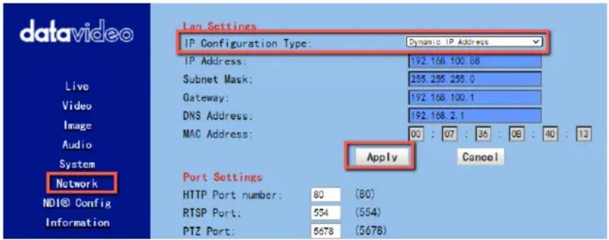 DataVideo PTC-280NDI - DHCP Mode - 2