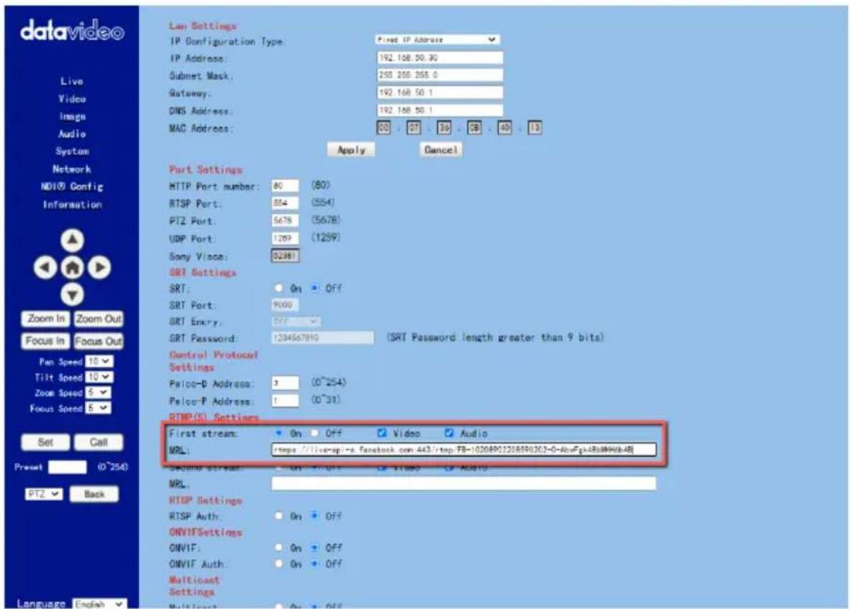 DataVideo PTC-280NDI - Server URL/Stream Key - 2
