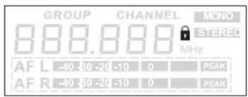 GROUP CHANNEL MONO 888.888 STEREC MHz AFL -40 -30 -20 -10 0 PEAK AFR -40 -30 -20 -10 0 PEAK