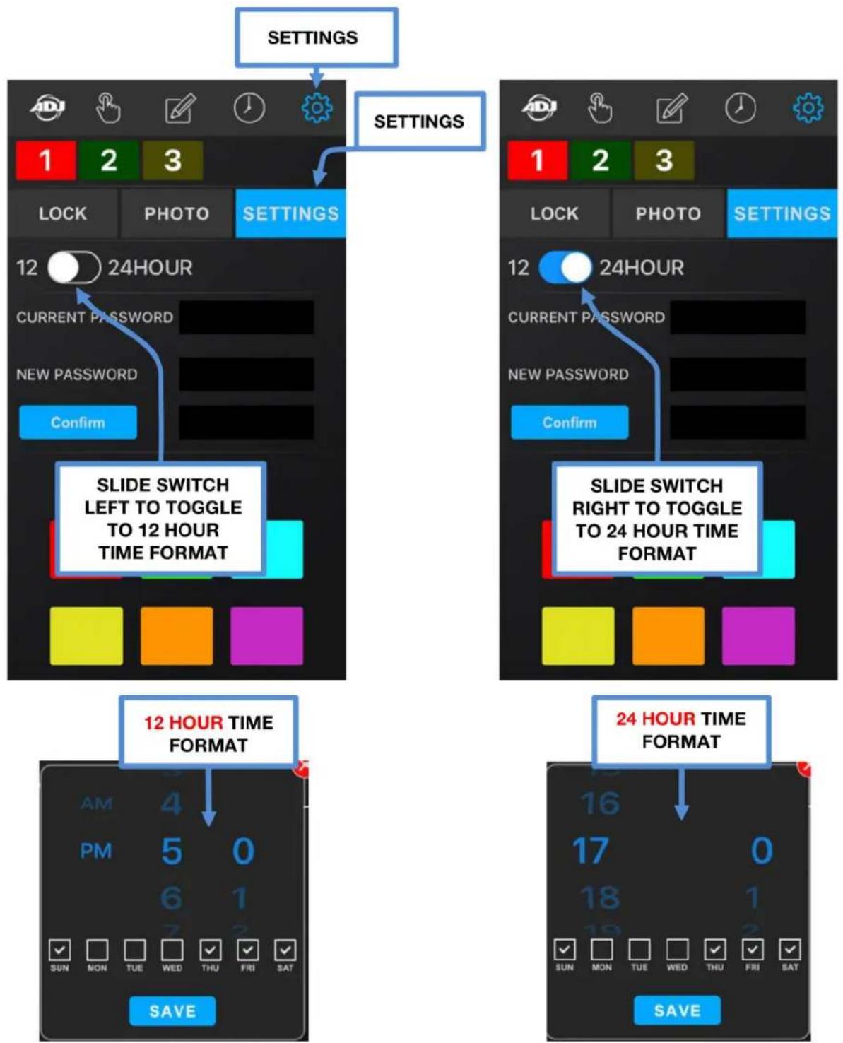American DJ Airstream Wi-Fi Bar - SETTINGS - SETTINGS [continued] - TIME FORMAT - 1