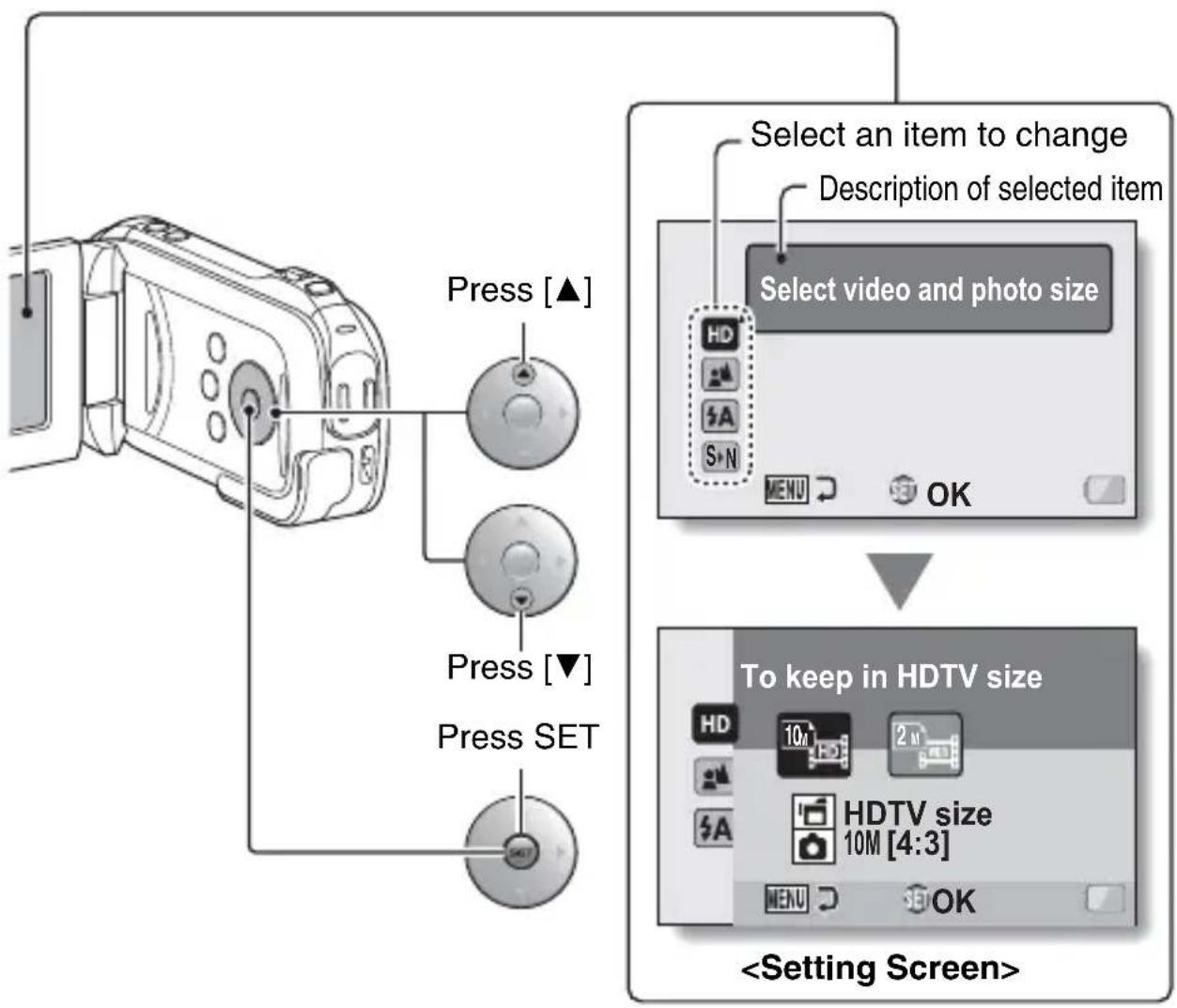 SANYO Xacti VPC-GH3PX - Press [▲] or [▼] to select the item you wish to change, and press the SET button. - 1